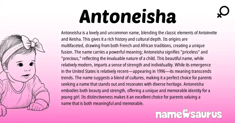 Infographic about Antoneisha name meaning, Antoneisha is a name from French, African, English origin(s).