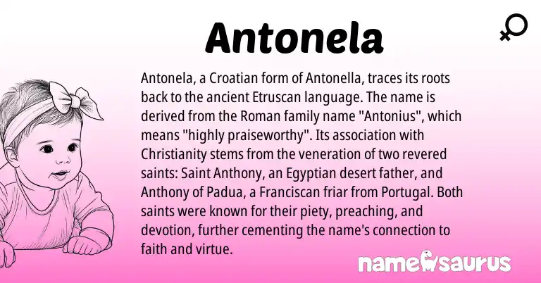Infographic about Antonela name meaning, Antonela is a name from Christianity, Portugal, Croatian, Etruscan, Roman, Egyptian origin(s).