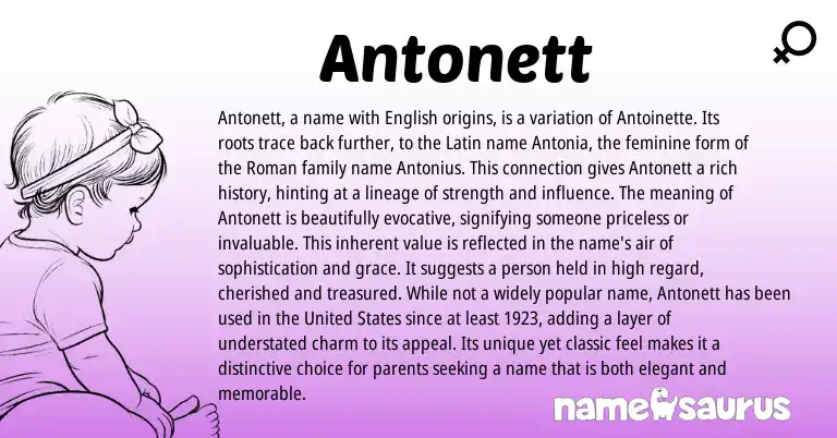 Infographic about Antonett name meaning, Antonett is a name from Latin, French, Roman origin(s).