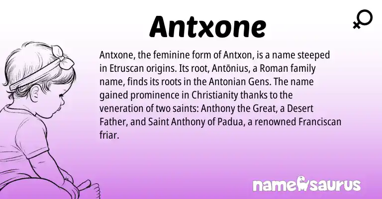 Infographic about Antxone name meaning, Antxone is a name from Etruscan, Christianity, Roman origin(s).