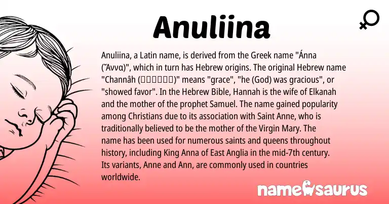 Infographic about Anuliina name meaning, Anuliina is a name from Latin, Hebrew, Greek origin(s).