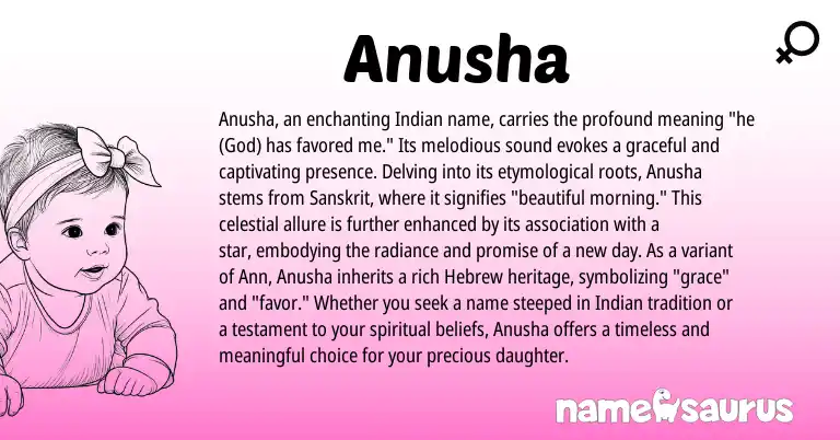 Infographic about Anusha name meaning, Anusha is a name from Sanskrit, Indian, Hebrew origin(s).