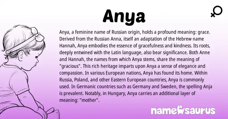 Infographic about Anya name meaning, Anya is a name from Eastern European, European, Russian, Latin, Germanic, Hebrew origin(s).