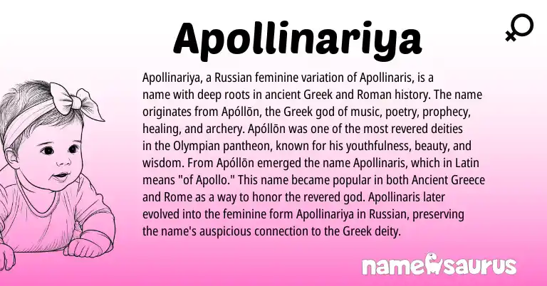 Infographic about Apollinariya name meaning, Apollinariya is a name from Greece, Russian, Roman, Latin, Greek origin(s).