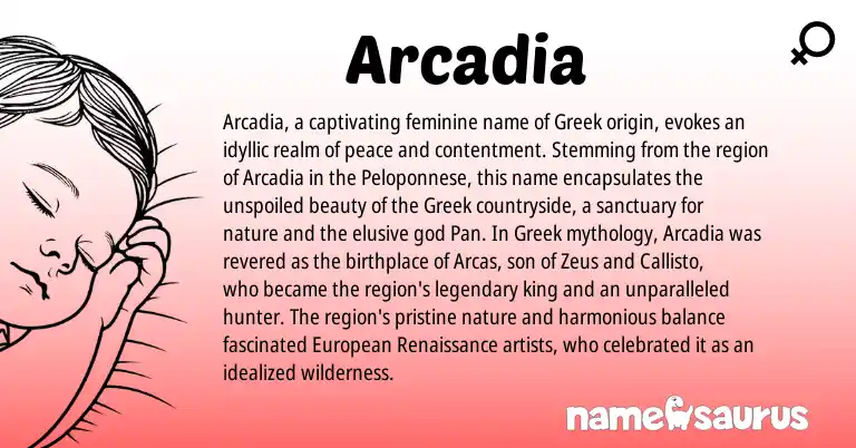 Infographic about Arcadia name meaning, Arcadia is a name from European, Greek origin(s).