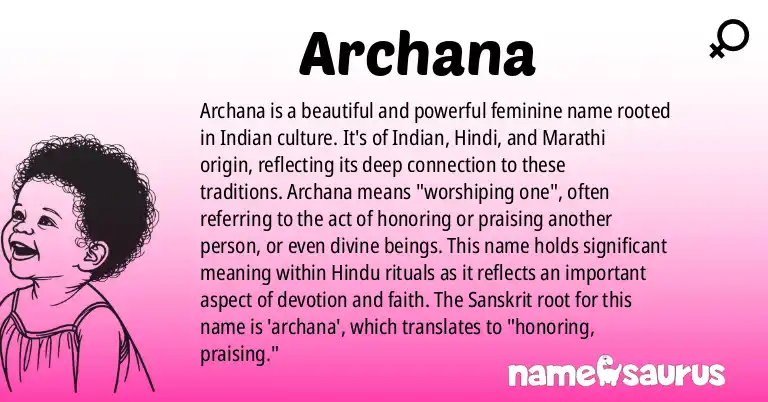 Infographic about Archana name meaning, Archana is a name from Indian, Hindi, Marathi, Telugu origin(s).