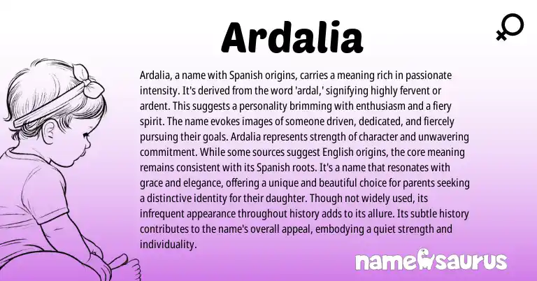 Infographic about Ardalia name meaning, Ardalia is a name from English, Spanish origin(s).