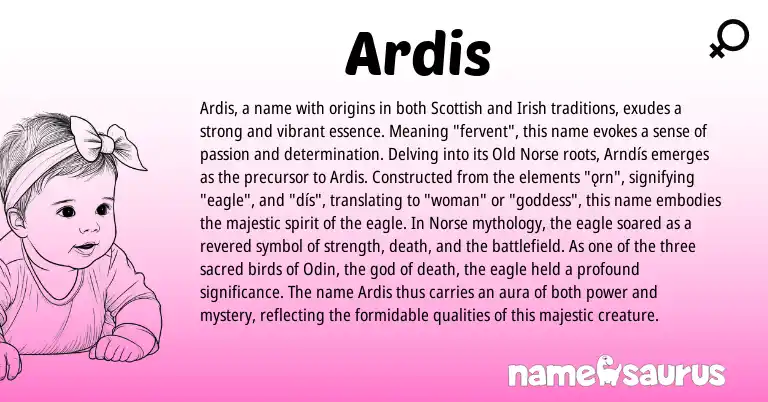 Infographic about Ardis name meaning, Ardis is a name from Irish, Old Norse, Scottish, Norse origin(s).
