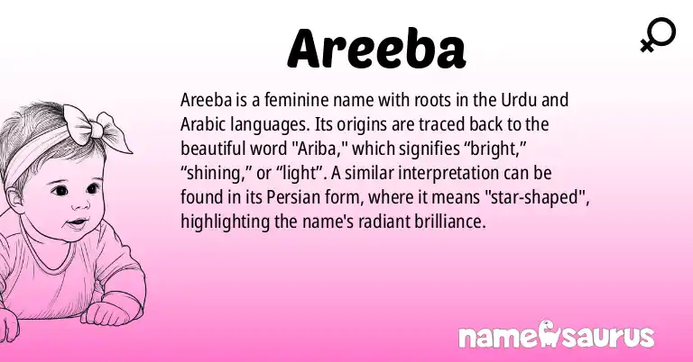 Infographic about Areeba name meaning, Areeba is a name from Urdu, Arabic origin(s).