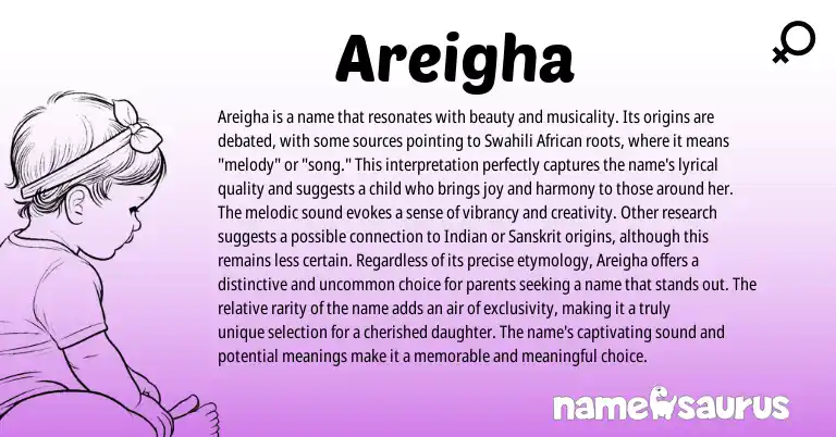 Infographic about Areigha name meaning, Areigha is a name from African, Swahili, American origin(s).