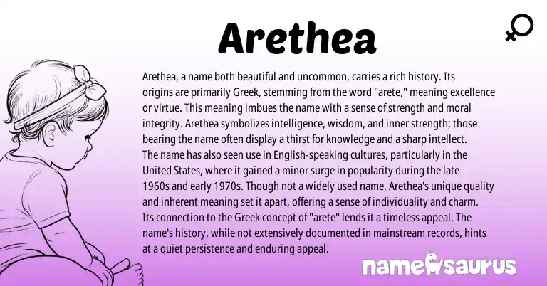 Infographic about Arethea name meaning, Arethea is a name from Greek origin(s).