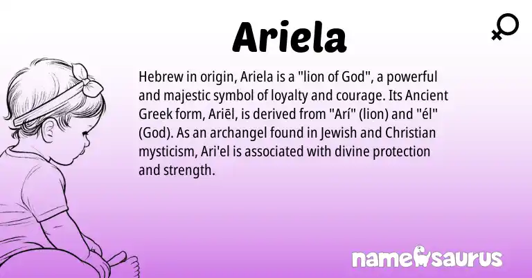 Infographic about Ariela name meaning, Ariela is a name from Jewish, Ancient Greek, Hebrew origin(s).