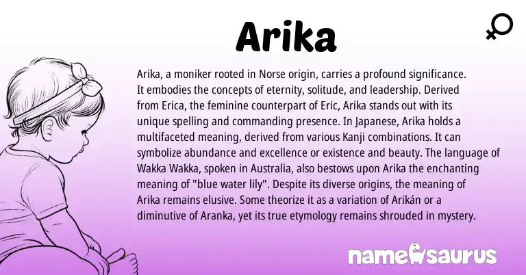 Infographic about Arika name meaning, Arika is a name from Wakka Wakka, Japanese, Norse origin(s).