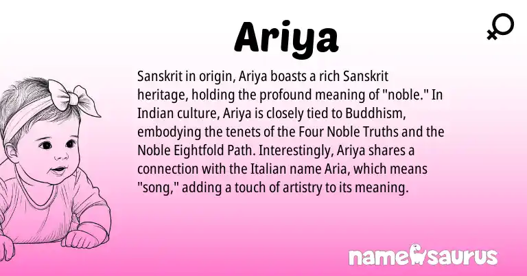 Infographic about Ariya name meaning, Ariya is a name from Sanskrit, Buddhism, Indian, Italian origin(s).