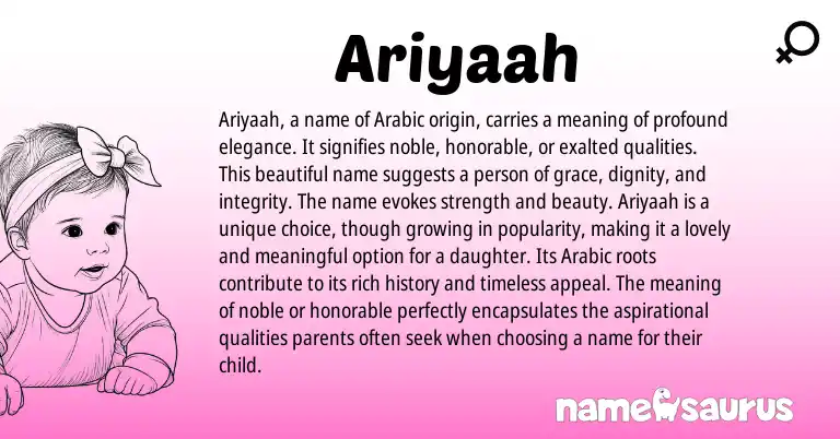 Infographic about Ariyaah name meaning, Ariyaah is a name from Arabic origin(s).