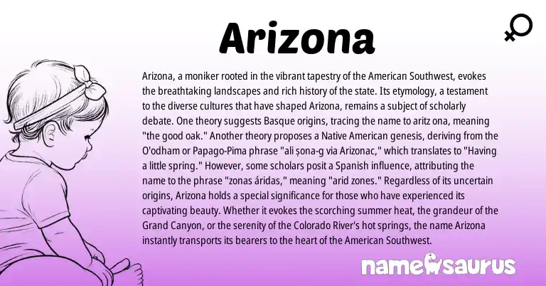 Infographic about Arizona name meaning, Arizona is a name from Native American, Spanish, Basque, Pima, American origin(s).