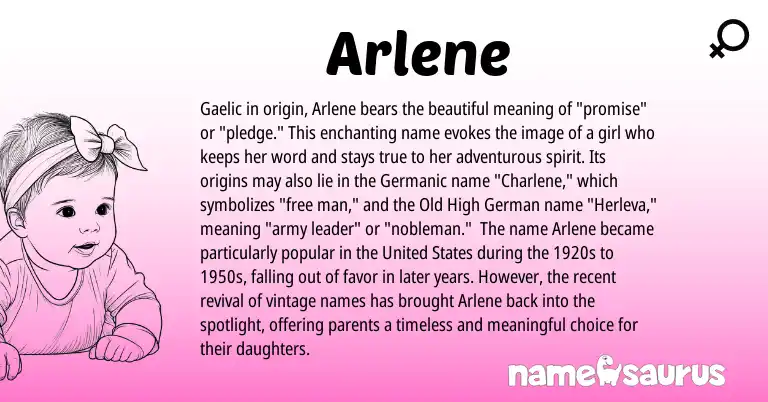 Infographic about Arlene name meaning, Arlene is a name from Old High German, Gaelic, Germanic, United States origin(s).