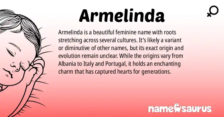 Infographic about Armelinda name meaning, Armelinda is a name from Albanian, Italian, Portuguese, Portuguese (Brazilian) origin(s).