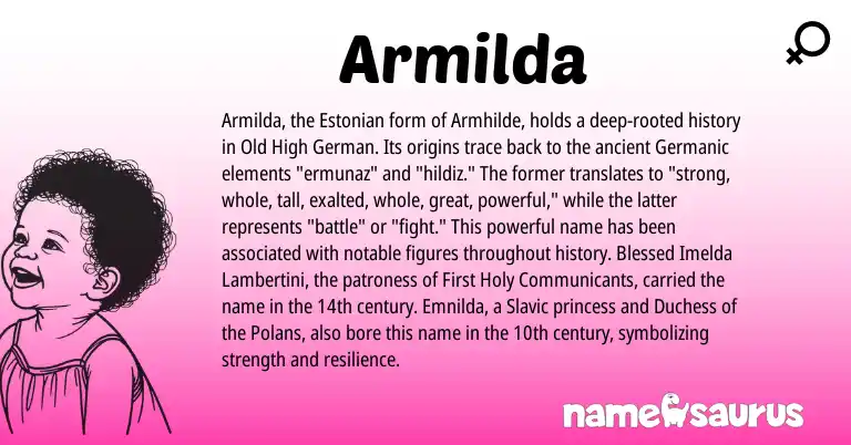 Infographic about Armilda name meaning, Armilda is a name from Old High German, Slavic, Germanic, Estonian origin(s).