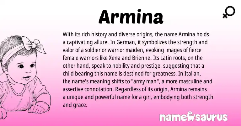 Infographic about Armina name meaning, Armina is a name from German, Latin, Italian origin(s).