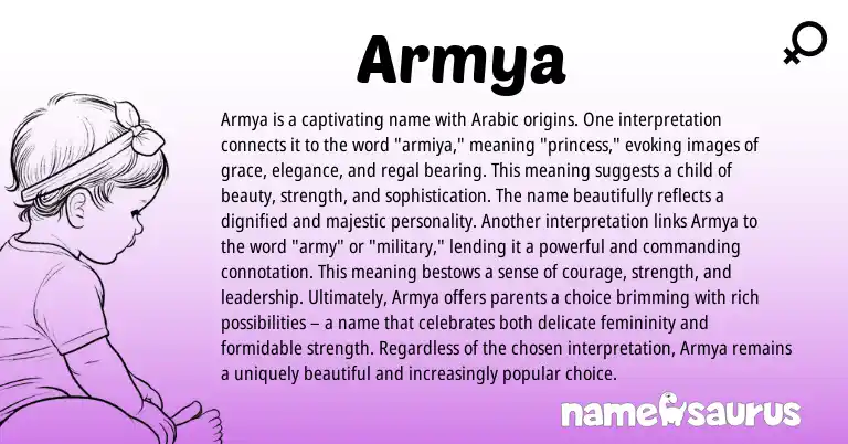 Infographic about Armya name meaning, Armya is a name from Persian, Hebrew, Arabic origin(s).