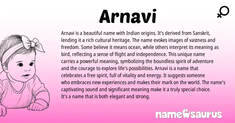 Infographic about Arnavi name meaning, Arnavi is a name from Indian origin(s).