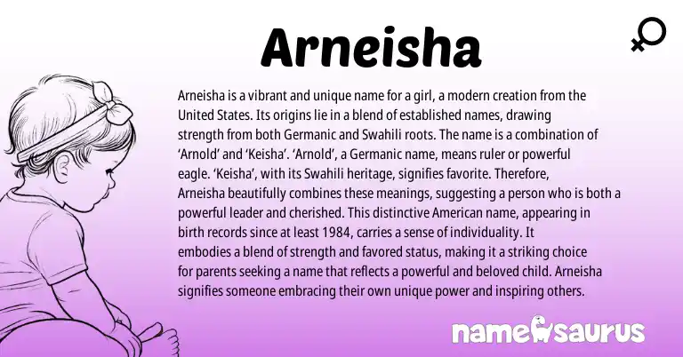 Infographic about Arneisha name meaning, Arneisha is a name from Germanic, Swahili, American origin(s).