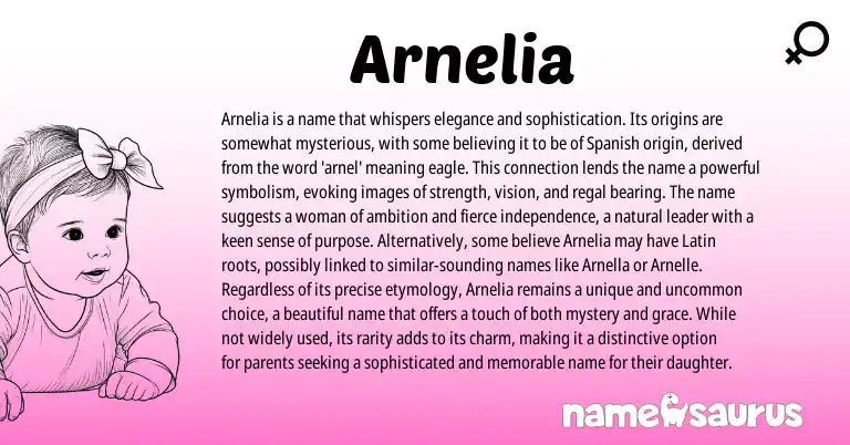 Infographic about Arnelia name meaning, Arnelia is a name from Spanish origin(s).