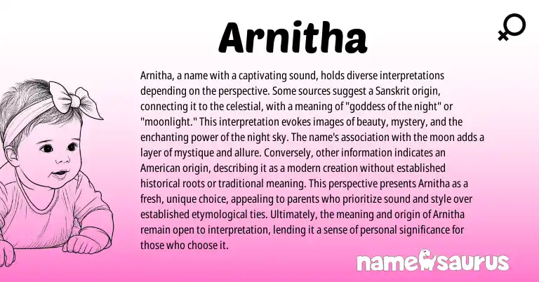 Infographic about Arnitha name meaning, Arnitha is a name from Sanskrit origin(s).