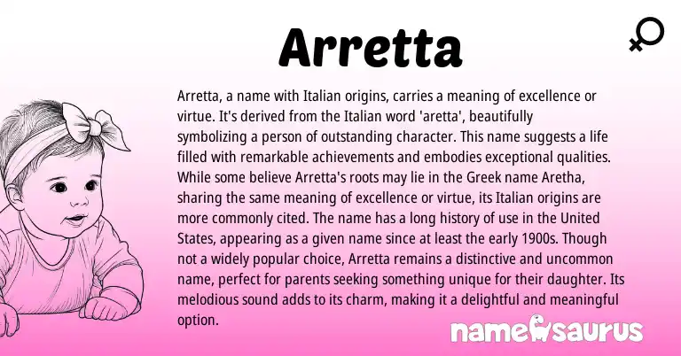Infographic about Arretta name meaning, Arretta is a name from Italian origin(s).