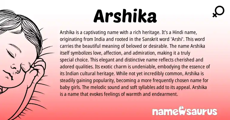 Infographic about Arshika name meaning, Arshika is a name from Indian, Sanskrit origin(s).