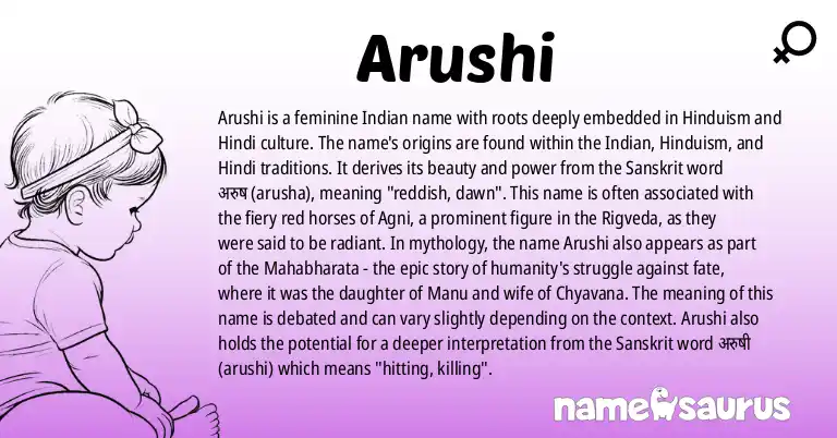 Infographic about Arushi name meaning, Arushi is a name from Indian, Hinduism, Hindi origin(s).