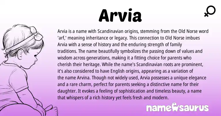 Infographic about Arvia name meaning, Arvia is a name from Scandinavian, Norse, American origin(s).