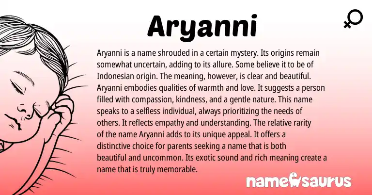 Infographic about Aryanni name meaning, Aryanni is a name from Indonesian, English origin(s).