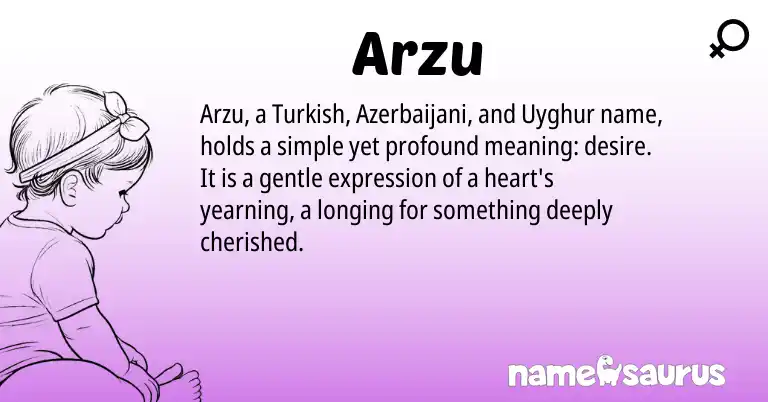 Infographic about Arzu name meaning, Arzu is a name from Azerbaijani, Uyghur, Turkish origin(s).