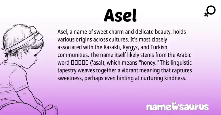 Infographic about Asel name meaning, Asel is a name from Kazakh, Kyrgyz, Turkish origin(s).