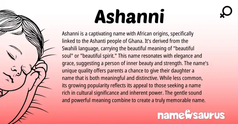 Infographic about Ashanni name meaning, Ashanni is a name from African, Swahili origin(s).