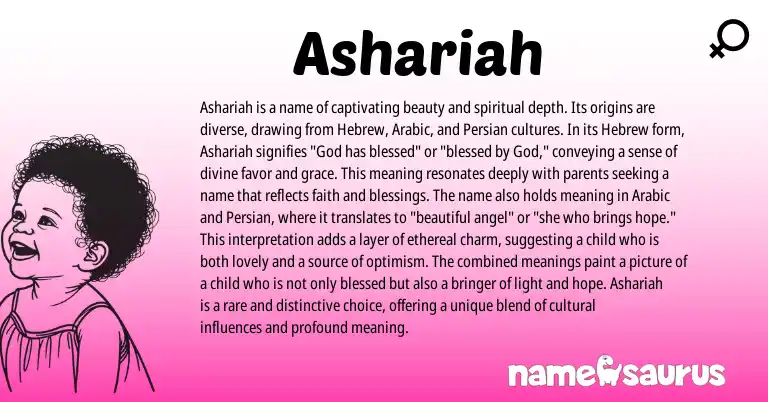 Infographic about Ashariah name meaning, Ashariah is a name from Persian, Hebrew, Arabic, American origin(s).