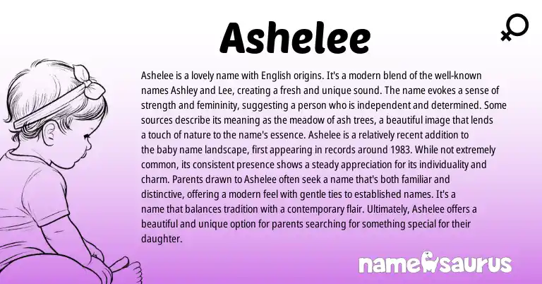Infographic about Ashelee name meaning, Ashelee is a name from English origin(s).