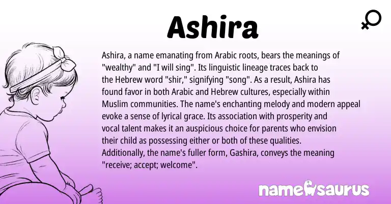 Infographic about Ashira name meaning, Ashira is a name from Muslim, Arabic, Hebrew origin(s).