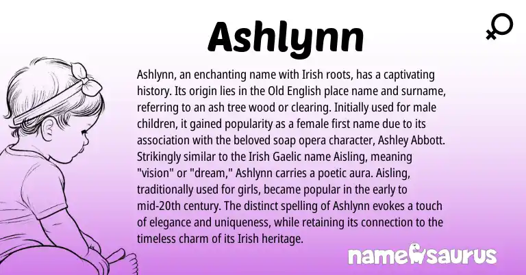 Infographic about Ashlynn name meaning, Ashlynn is a name from Irish, Old English, Gaelic origin(s).