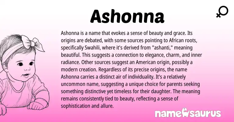 Infographic about Ashonna name meaning, Ashonna is a name from African, English, Swahili origin(s).