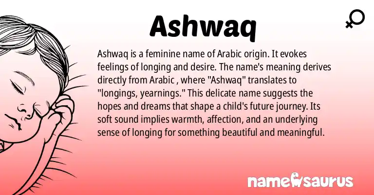 Infographic about Ashwaq name meaning, Ashwaq is a name from Arabic origin(s).