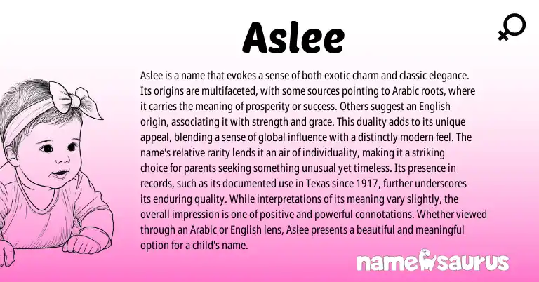 Infographic about Aslee name meaning, Aslee is a name from Arabic origin(s).
