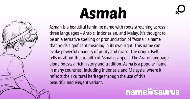 Infographic about Asmah name meaning, Asmah is a name from Arabic, Indonesian, Malay origin(s).