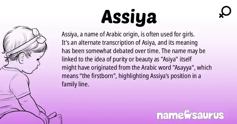 Infographic about Assiya name meaning, Assiya is a name from Arabic origin(s).