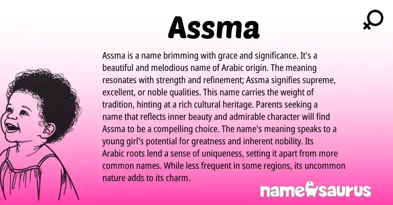 Infographic about Assma name meaning, Assma is a name from Arabic origin(s).