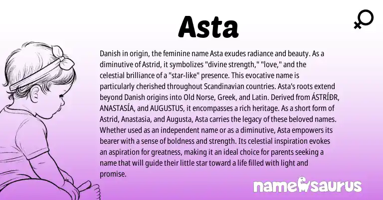 Infographic about Asta name meaning, Asta is a name from Old Norse, Danish, Scandinavian, Latin, Greek origin(s).
