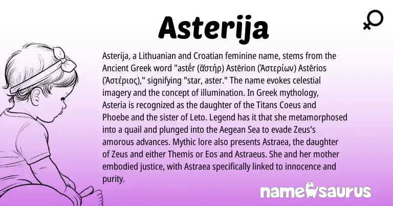 Infographic about Asterija name meaning, Asterija is a name from Lithuanian, Croatian, Ancient Greek, Greek origin(s).