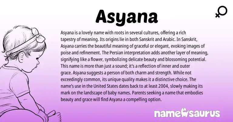 Infographic about Asyana name meaning, Asyana is a name from Persian, Sanskrit origin(s).